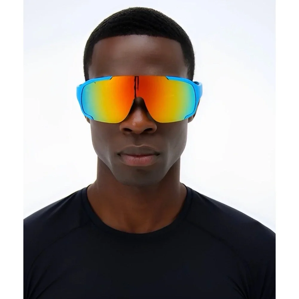 Shield Sunglasses‎ Mirrored Lens Sport Cycling Glasses Blue Frame Fishing Lentes